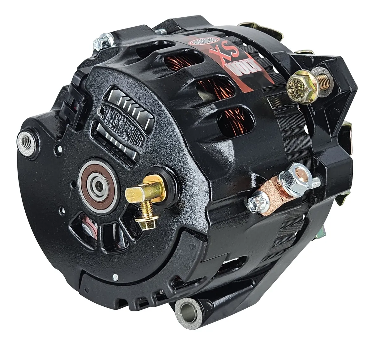 XS Volt™ Hi Amp Alternator; CS130; Offset Left; Rear Battery Post; 140 Amp; 95 Idle; 6 Groove Pulley; Black; product image