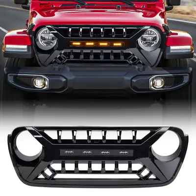 AMERICAN MODIFIED Armor Grille W/ Amber Lights - Glossy Black For 18+ Jeep Wrangler JL & Gladiator JT