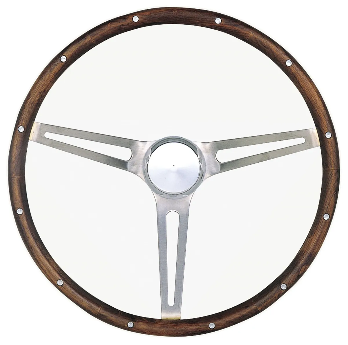 Classic Series Nostalgia Steering Wheel; 15 in. Diameter; 4 1/8 in. Dish; Hardwood Grip; Brushed Stainless Steel 3-Spoke Design; product image
