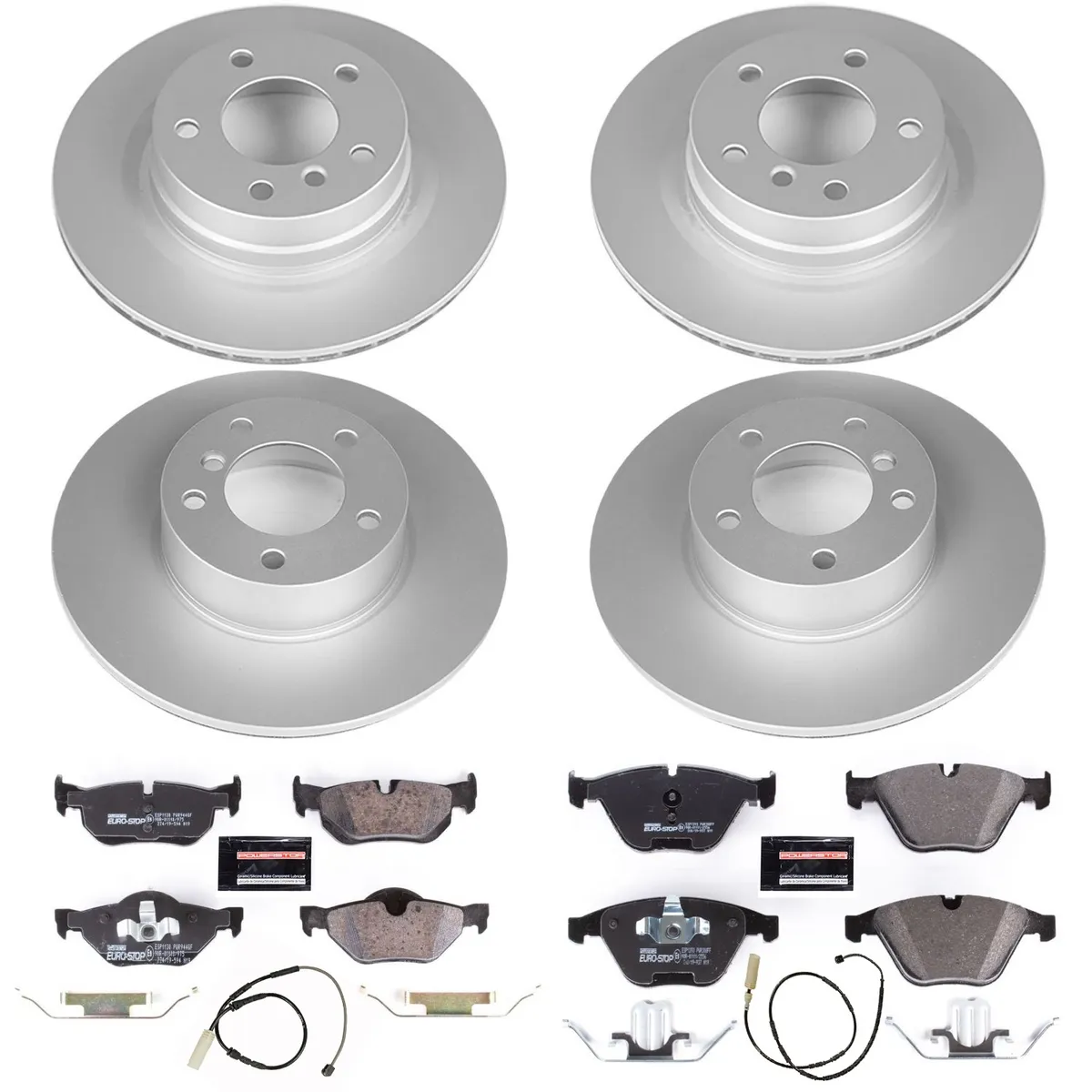 Euro-Stop Kit: Genuine Geomet Fully Coated Rotors; Ece-R90 Certified Pads W/Hardware; Pad Sensors product image