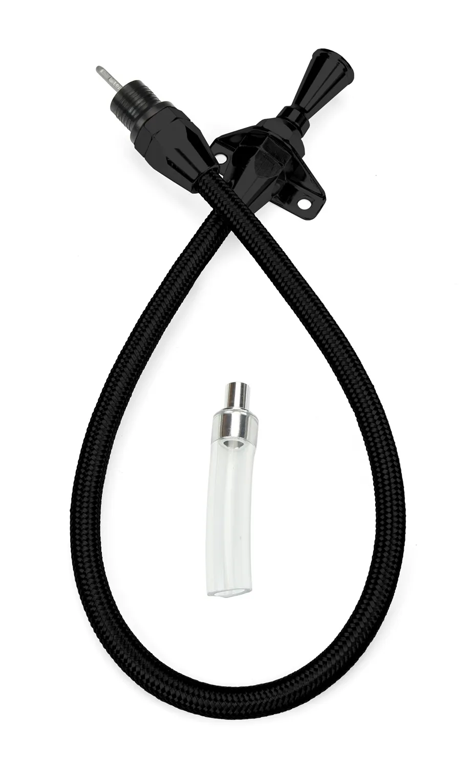 Hi-Tech Flexible Braided Transmission Dipstick; 24 in.; Firewall Mount; Incl. Flexible Inner Dipstick/Funnel Adapter/Braided Black Stainless Outer Housing; Black Finish; product image