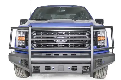 Fab Fours Elite Front Bumper; Full Guard; Incl. Tow Hooks; Lower Guard; 12 Gauge Steel Construction; Black Powder Coat; 194 lbs. Weight;