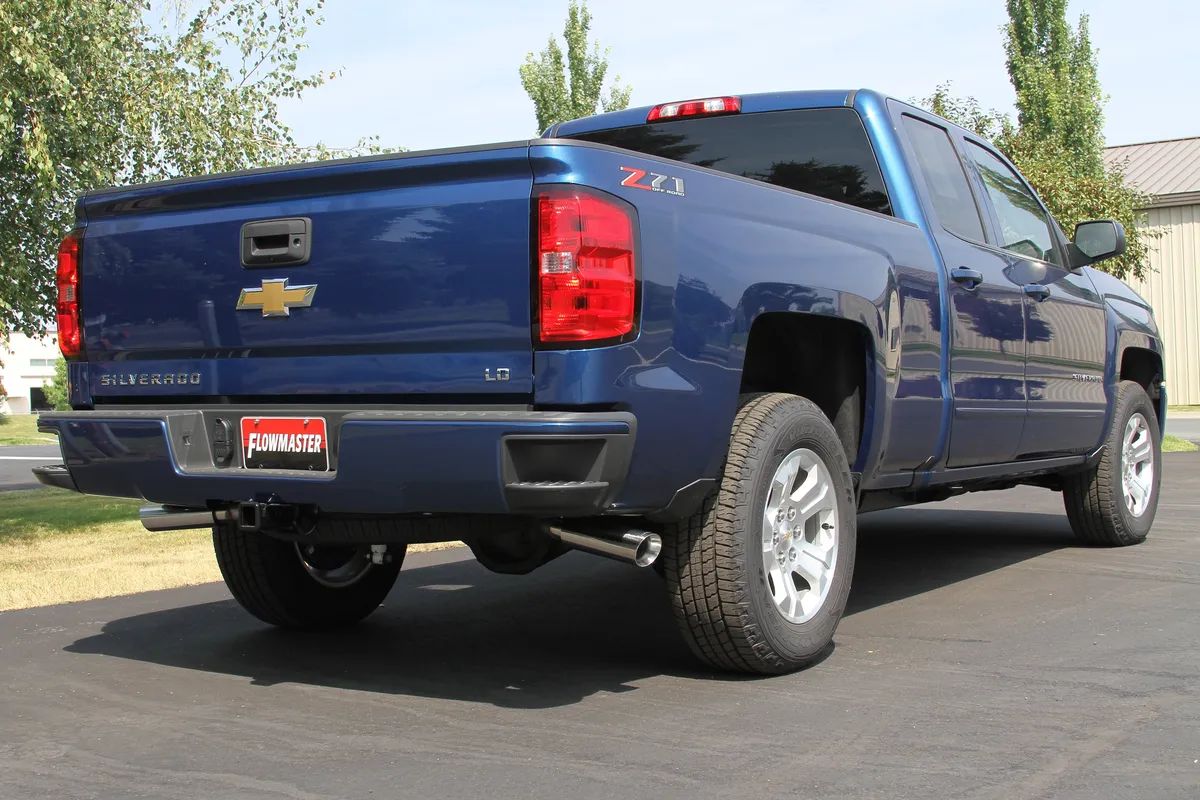 2014 GM Silverado/Sierra 1500 1/2 Ton 5.3L V8 All Crew Cab 2/4 Wheel Drive Super 50 Series Muffler 16 G. Mandrel Bent Tubing 3.50" Logo Embossed Stainless Tips Force II DOR/S 409S Stainless Steel. product image
