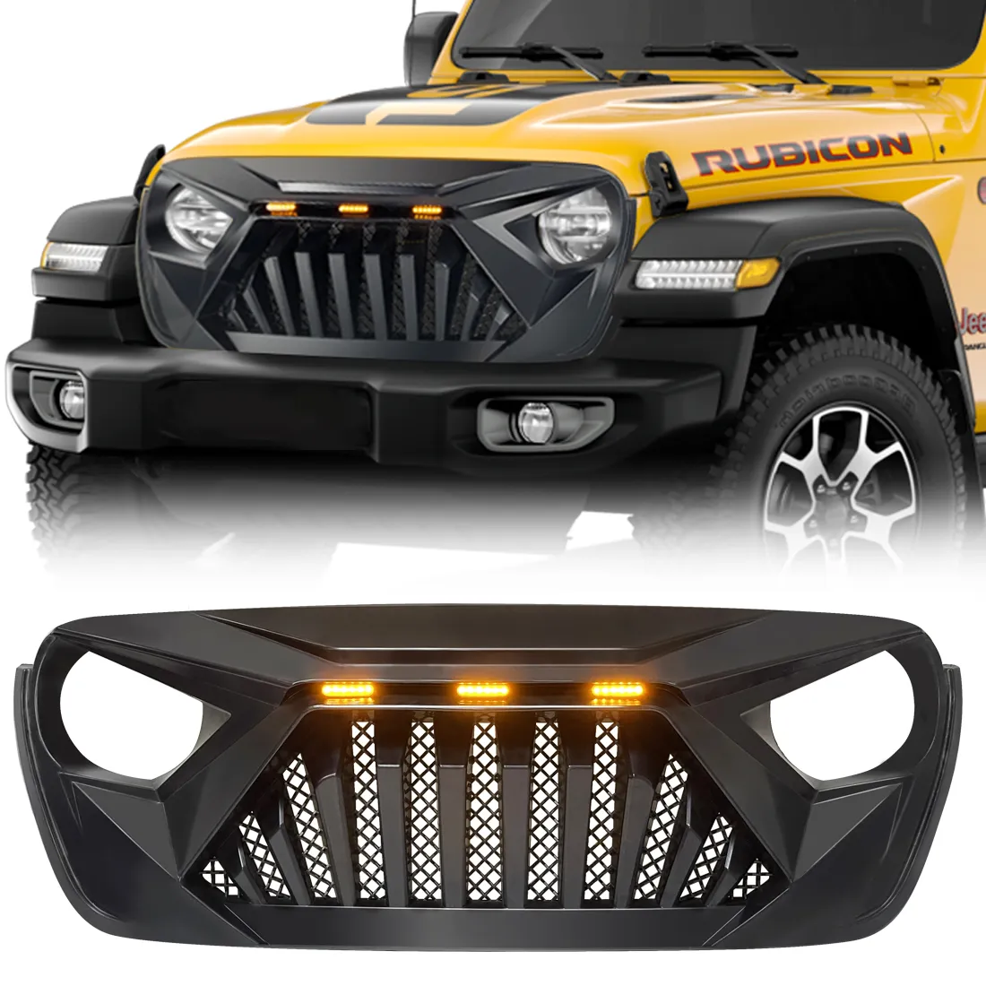 Front Goliath Grille W/Amber LED Running Light - Matte Black For 18+ Jeep Wrangler JL & Gladiator JT product image