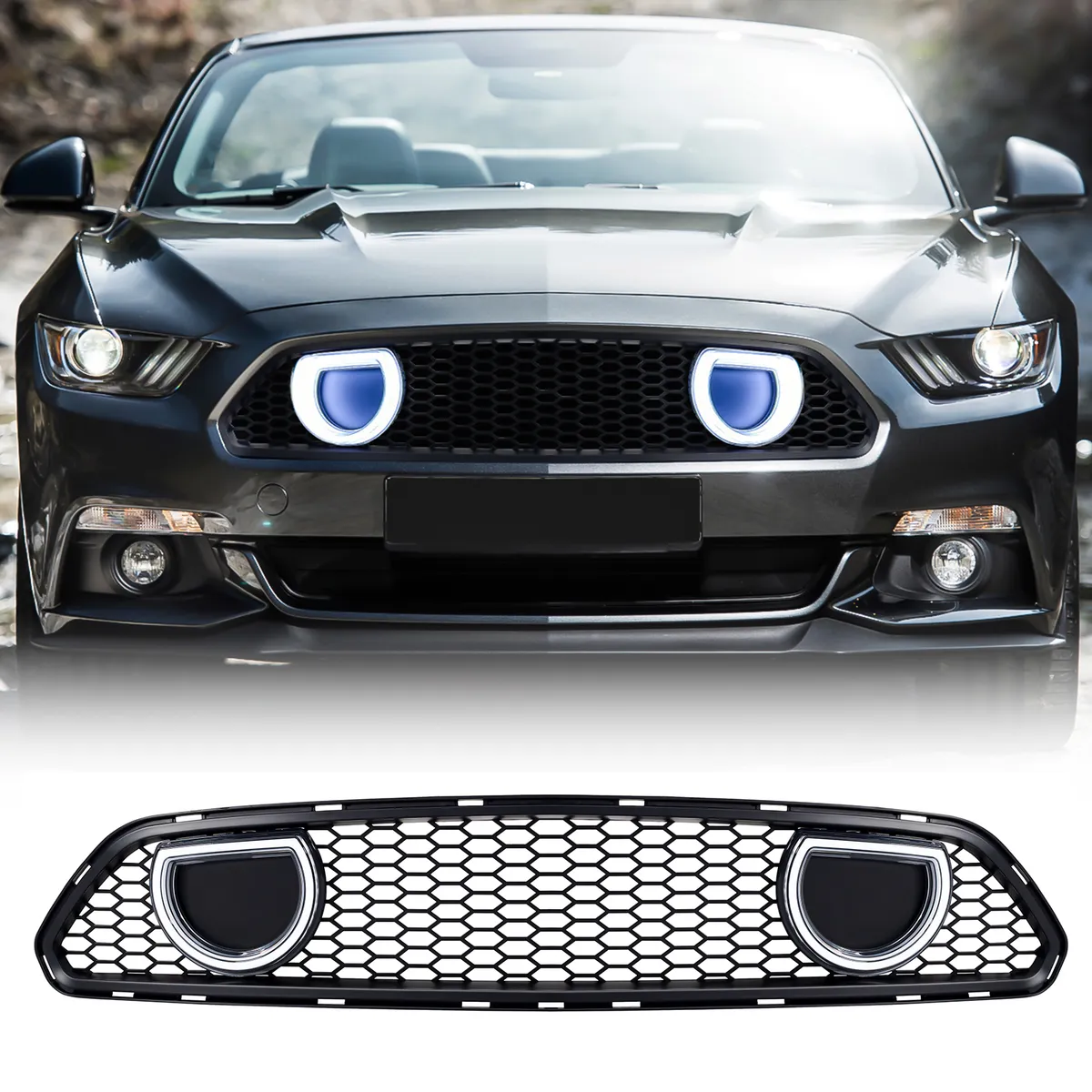 American Modified Amfmca00615 Mach 1 Style Upper Grille With LED DRL And Turn Signal - Matte Black product image