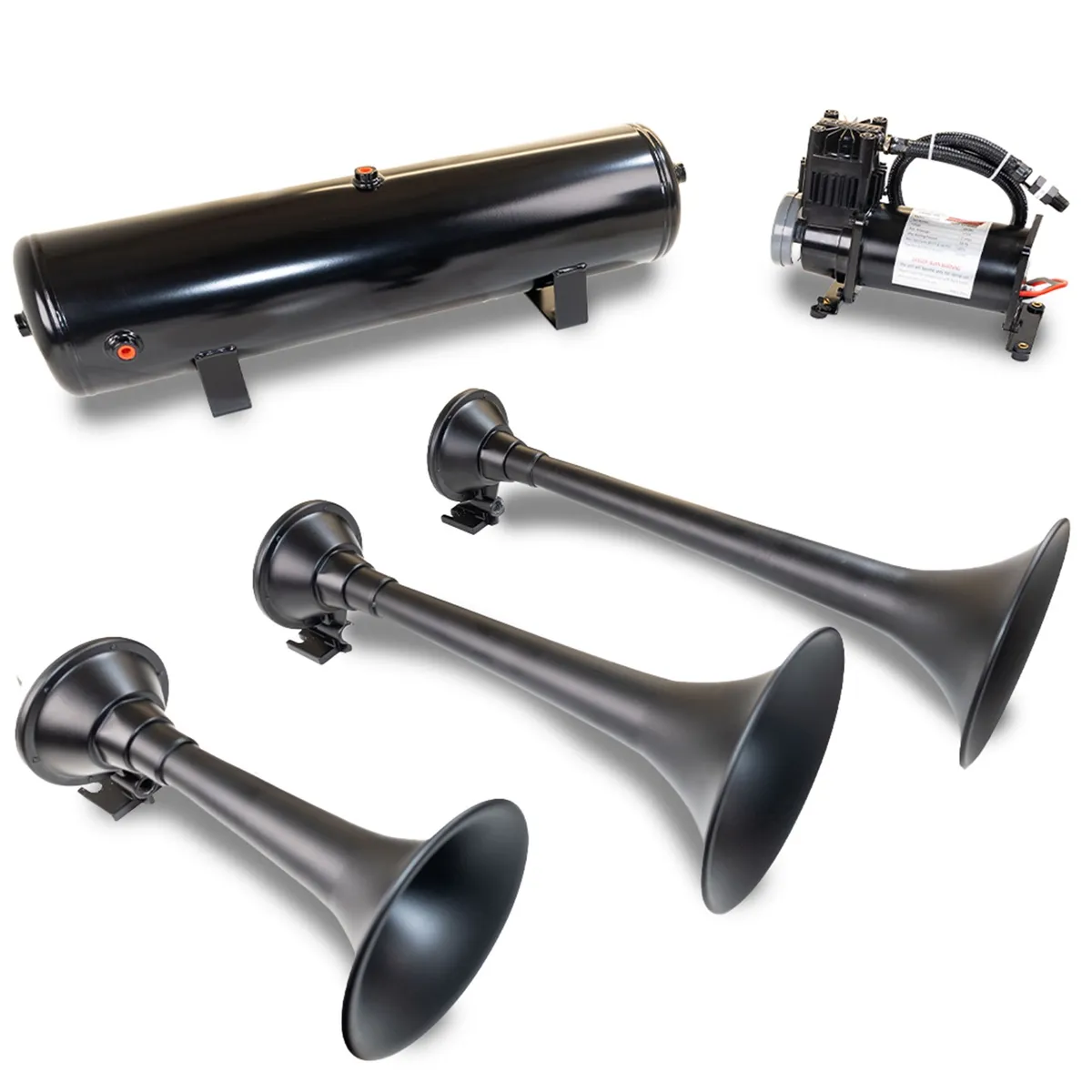 Pro Blaster™ Triple Horn Kit; Black; Includes Horns PN[730]/ 150/200 PSI Waterproof 100% Duty Cycle Air Compressor PN[6450RC]/ 3.0 Gallon Air Tank PN[6351RT]; product image