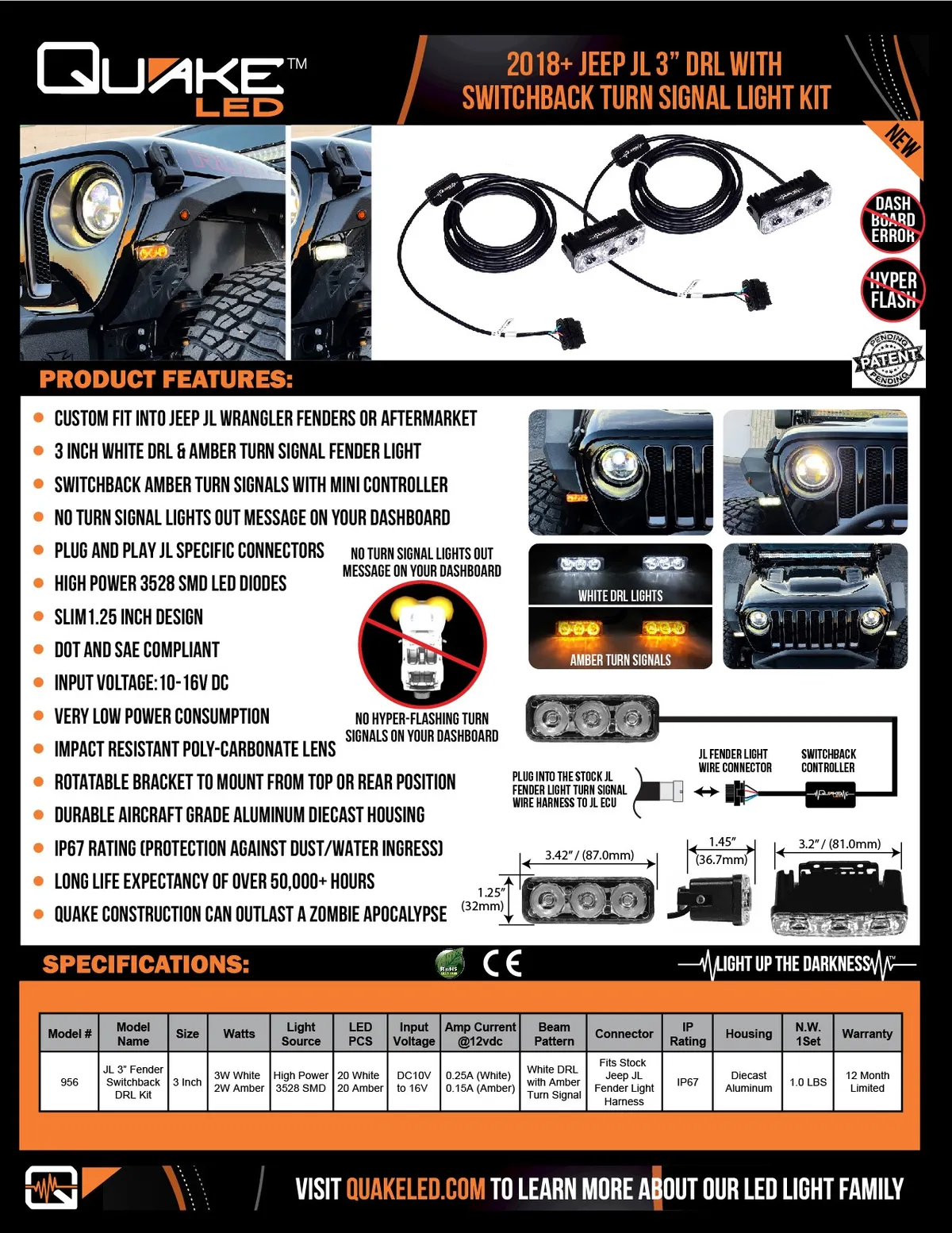 Quake LED - Qte956 - 3 Inch Jeep Wrangler Jl/Gladiator DRL Fender Lights W/Switchback Turn Signal For 2018-2020 Jeep Wrangler 2020-2020 Jeep Gladiator product image