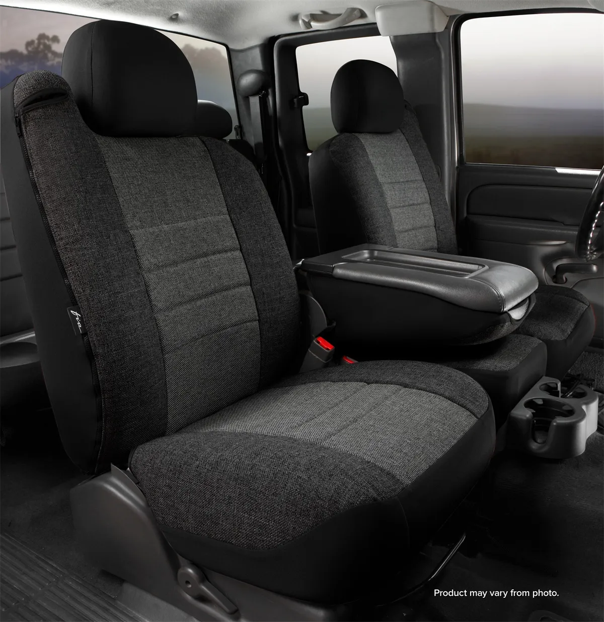 OE™ Custom Seat Cover; Tweed; Charcoal; Split Seat 40/20/40; Adj. Headrests; Built In Seat Belts; Armrest/Storage; product image