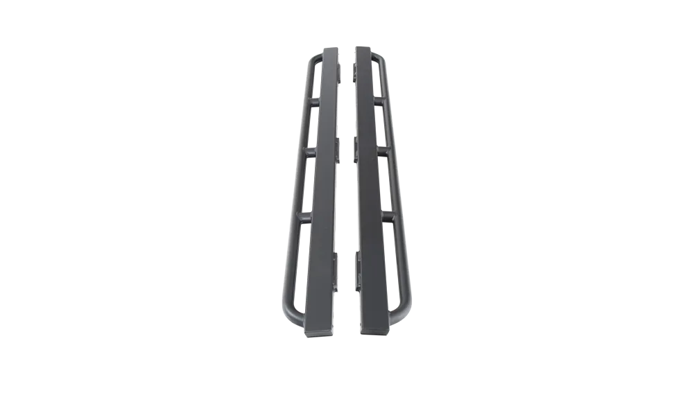Rockcrawler Side Guards; 2 in. X 3 in. Rectangle Tube w/Tapered/Enclosed/Welded Ends And Additional 1.5 in. X 0.140 in. Wall Kick Out Tube; Textured Black Powder Coat; product image