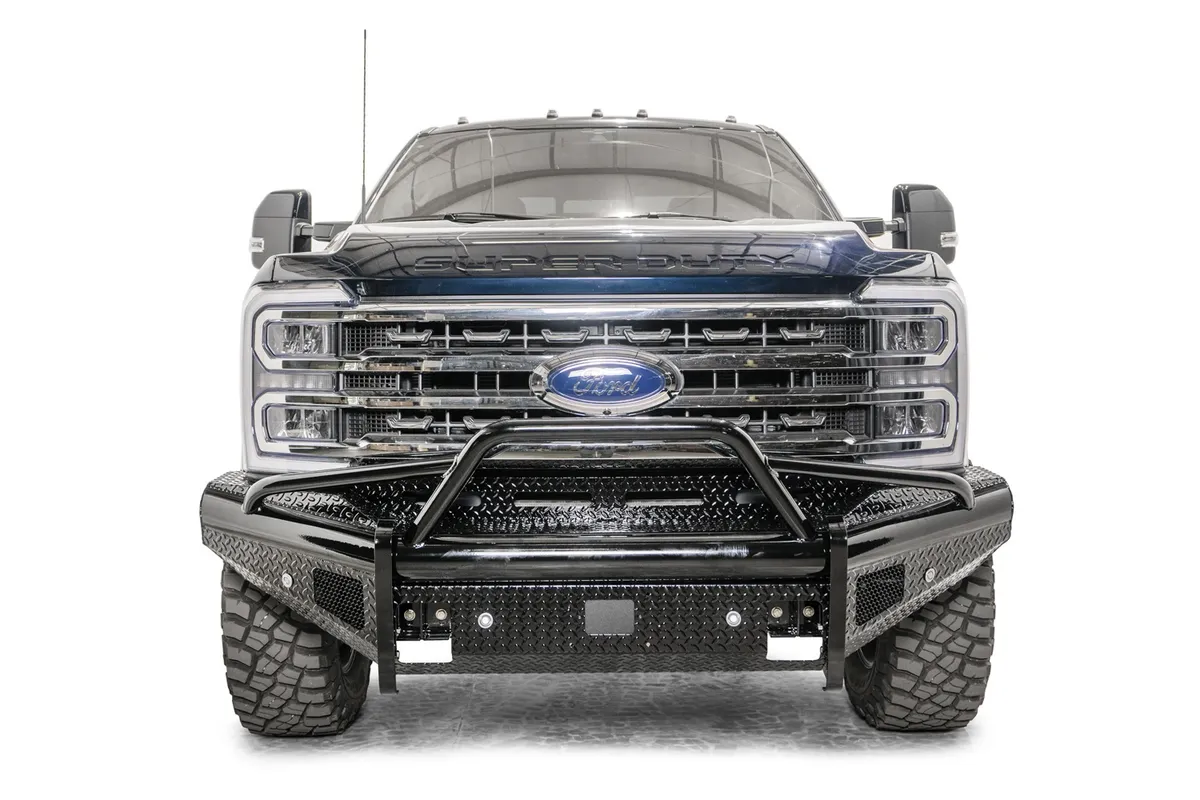 Black Steel Front Bumper; w/Pre-Runner Guard; Sensor Compatible; Gloss Black; product image