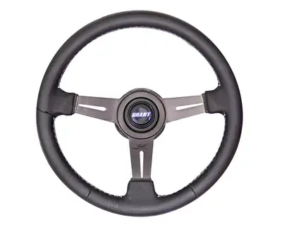 Grant Collectors Edition Steering Wheel; 13.75 in. Diameter; 3 3/4 in.; Black Leather Grip; Black Aluminum 3-Spoke Design; Includes Trim Ring/Matte Black Styling Sleeve;