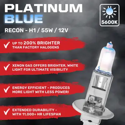 Recon Accessories H1 12v 55w 125w (5600 Kelvin) Headlight Bulbs Platinum Blue