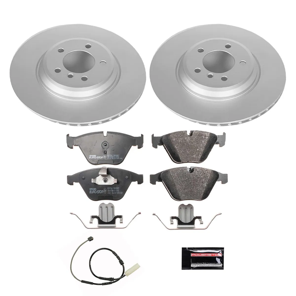 Euro-Stop Kit: Genuine Geomet Fully Coated Rotors; Ece-R90 Certified Pads W/Hardware; Pad Sensors product image