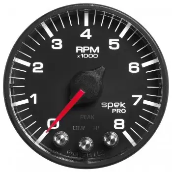 AutoMeter Gauge, Tach, 2 1/16", 8k RPM, w/ Shift Light & Peak Mem, Blk, Spek-Pro