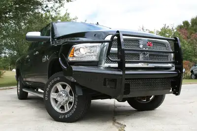Fab Fours Black Steel Front Ranch Bumper; 2 Stage Black Powder Coated; w/Full Grill Guard; Incl. Light Cut-Outs;