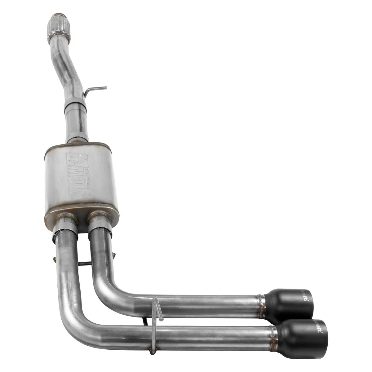 2014-2018 GM SilveradoSierra 1500 12 Ton 5.3L V8 Crew Cab and Double Cab 24 Wheel Drive Except Crew Cab 2WD with 2 Pc Driveshaft Cat-back Flow FX Series Muffler Mandrel Bent 2.5in. 16 Gauge Tubing 4 in. Black Ceramic Coated Tips WEtched product image