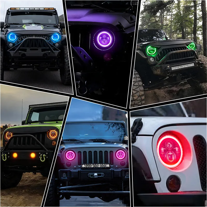 "7"" Jeep Wrangler LED Headlights with RGB Halo App Or Remote Control for 1997-2018" product image