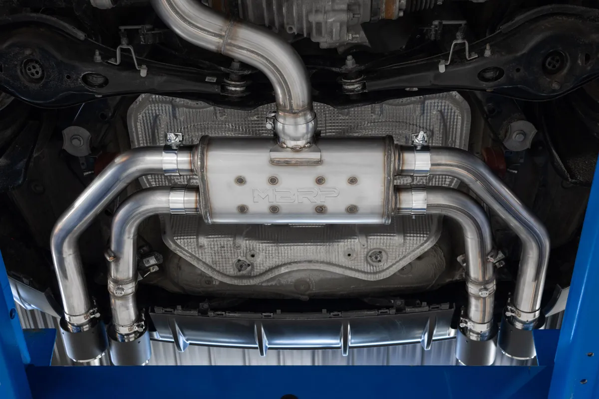 Armor Pro Cat Back Exhaust System; 3 in.; Quad Split Rear Exit; 4 in. Carbon Fiber Tips; w/Active Exhaust; 304 Stainless Steel; product image