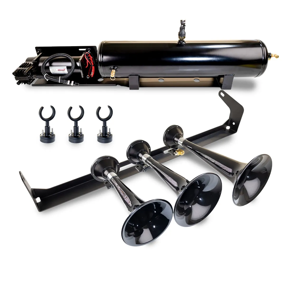 Onboard Air System w/Horns; Includes Triple Black Horns PN[230]/ 150 PSI Air Compressor PN[6350RC]/ 1.5 Gallon Air Tank PN[6275RT]; product image