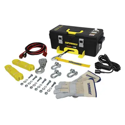 Superwinch Winch2Go 12V DC Electric Portable Utility Winch 4000lb(1814.4kg) Single Line Pull with Steel Mounting Plate Integrated Hawse Fairlead 7/32 in. x 47 ft. Synthetic Rope Handheld Remote - 1140232