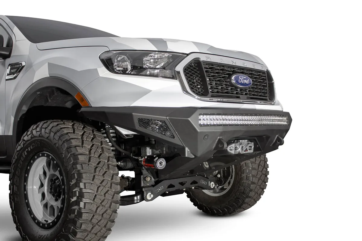 Ford Ranger Stealth Fighter Front Bumper with Winch mount and SENSOR CUTOUTS with 10 duallyuniversal 40in Mounts with D-ring Clevis Mounts and Dually Mounts on Sides in Hammer Black with Satin Black panels product image