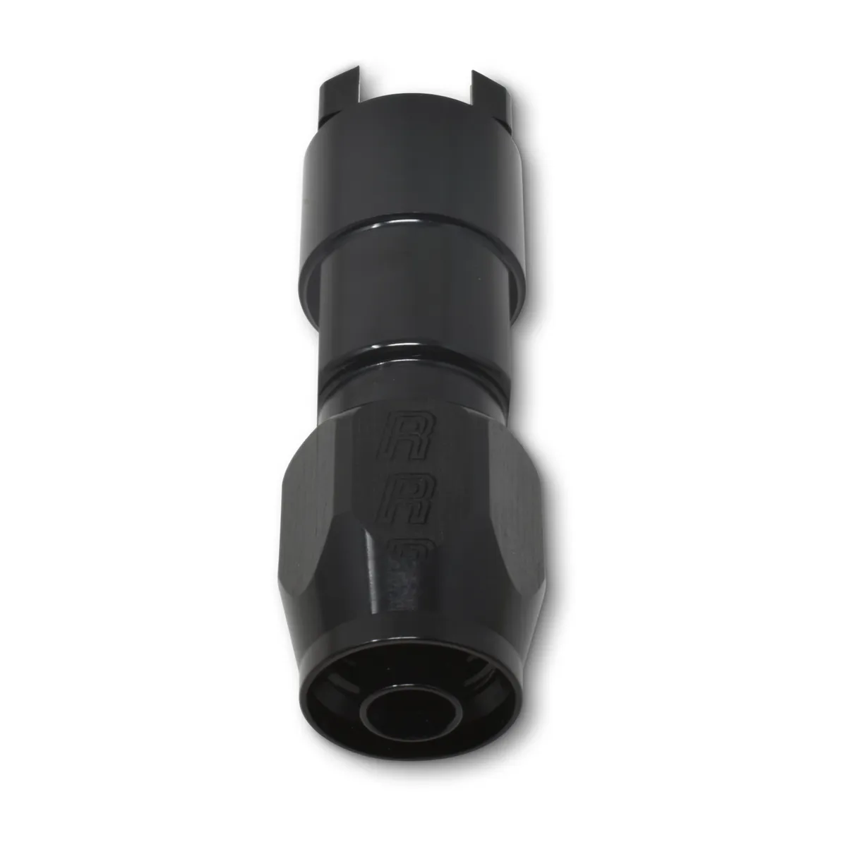Hose End. 3/8 SAE Quick Disconnect Female to #6 Hose. Straight. Black Anodized product image