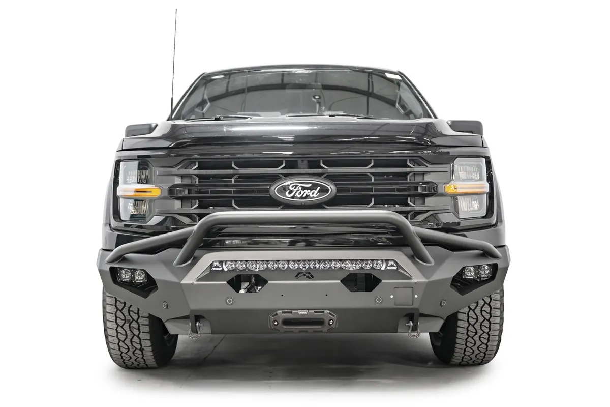 Matrix Front Bumper; w/ Pre-Runner Guard; Matte Black Powder Coated; Steel; 30 in. Light Bar/4 Cube Lights; Incl. D-Ring Mounts; product image