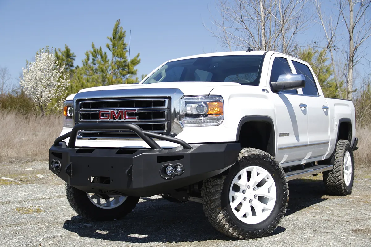 Premium Winch Front Bumper; 2 Stage Black Powder Coated; w/Pre-Runner Grill Guard; Incl. 90mm Fog Lamps/60mm Turn Lights; D-Ring Mounts; product image