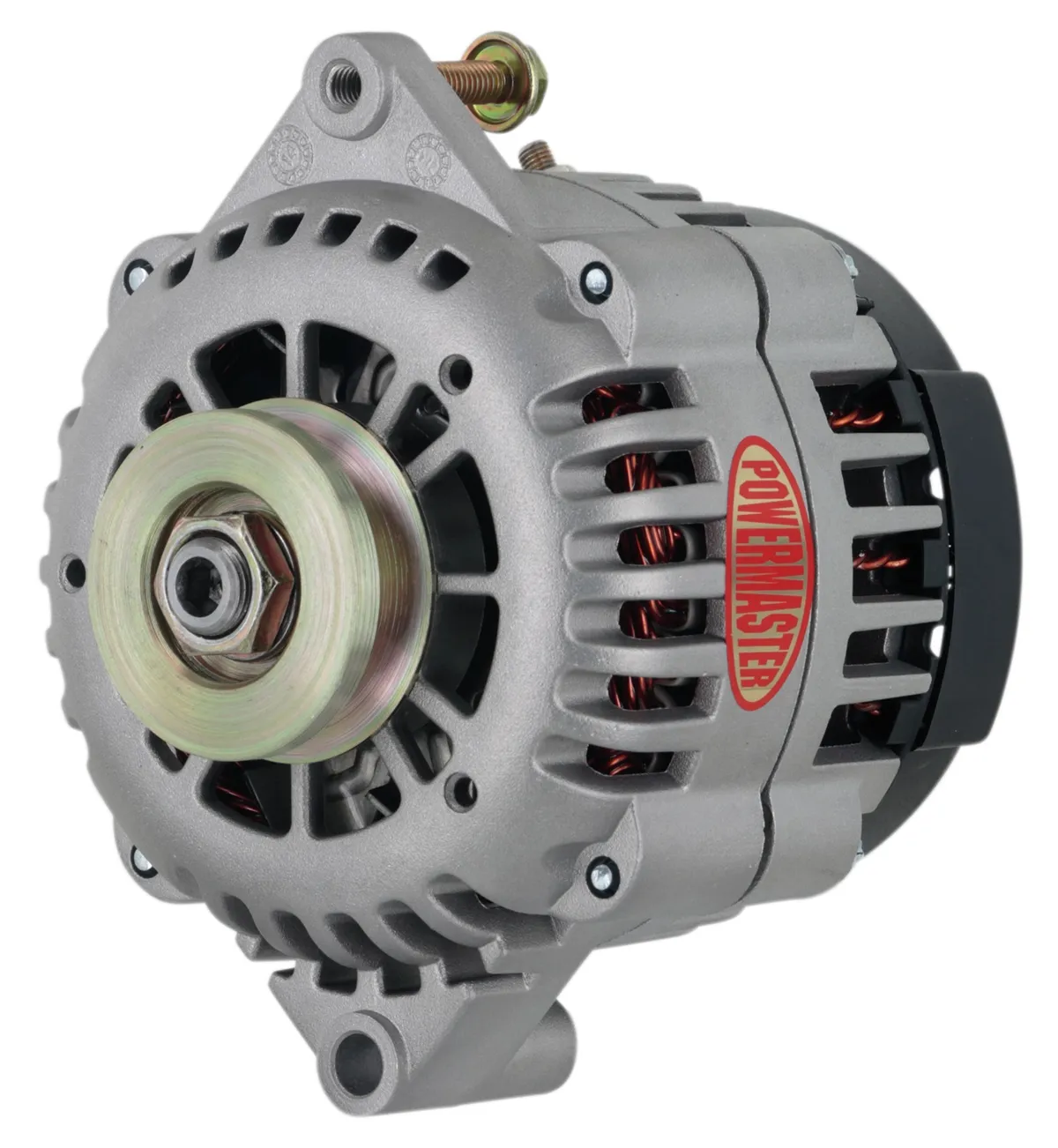 Power Master Racing Alternator; GM AD230; 165 Amp; 1 Groove V Type Pulley; 6.61 in. Straight Mount; Side Battery Post; Natural Finish;