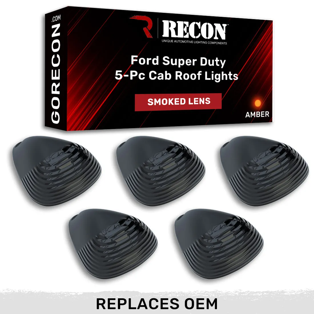 Ford Super Duty 99-16 5 Piece Cab Lights Amber Xenon Bulbs with Smoked Lens - (Attn: This cab light kit replaces OEM factory installed Ford 99-16 cab roof light lenses) product image