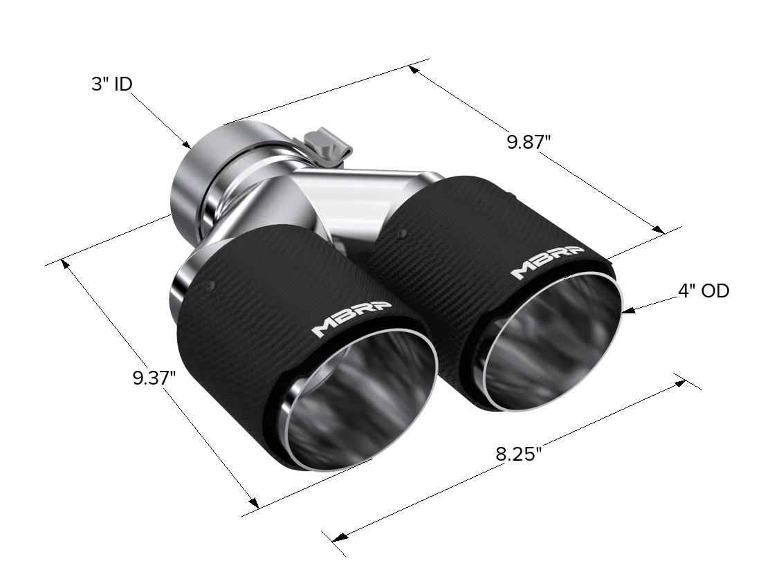 Carbon Fiber Exhaust Tip; 3 in. Inlet Diameter; 4 in. Outlet Diameter; Right Tip 9.87 in. Length; Left Tip 9.37 in. Length; Dual Out; Carbon Fiber Finish; product image