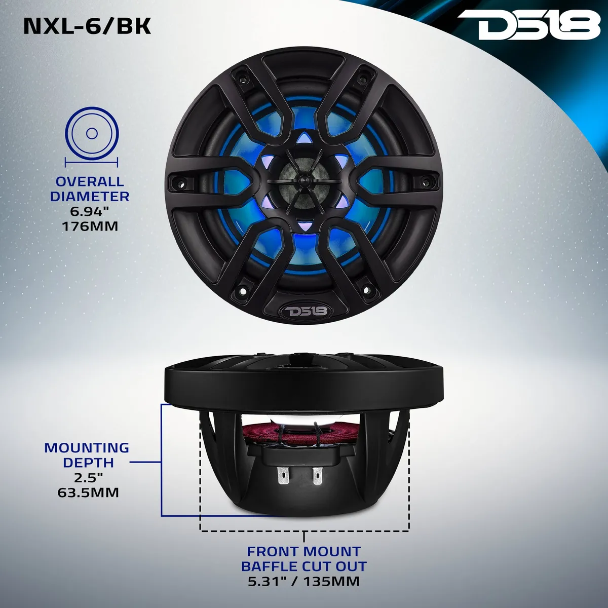 "nxl 6.5"" 2-Way Coaxial Marine Speaker With LED RGB Lights 100 Watts Rms 4-Ohm -Black" product image