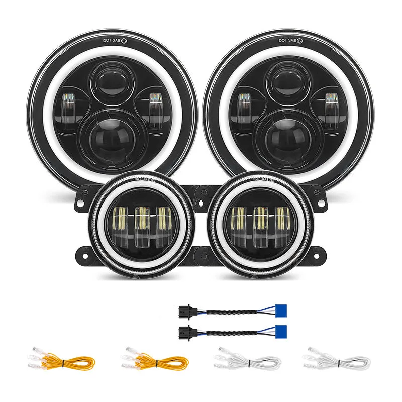 4-in-1 Controlled 7'' LED Halo Headlights and 4'' Cree LED Halo Fog Lights with Turn Signals for Jeep Wrangler JK product image