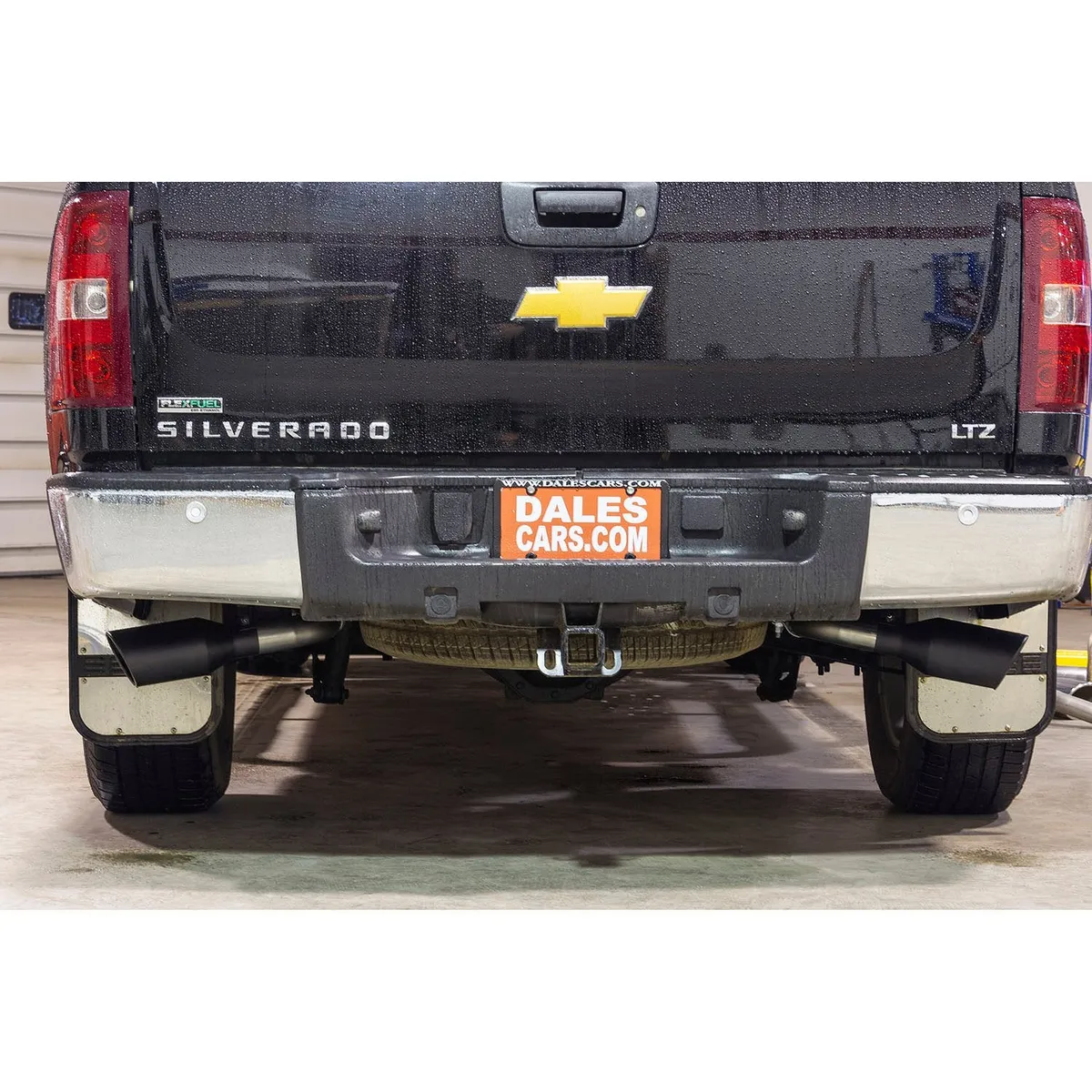 09-13 GM SilveradoSierra 12 Ton 5.3L WFlex Fuel Extended Cab and Crew Cab Only 24 Wheel Drive Cat-back 2.50 Tailpipes FlowFX Series Muffler 4.50 Black Ceramic Logo Embossed Stainless Tips FlowFX DOS Mandrel Bent Tubing 409S Stainless Ste product image