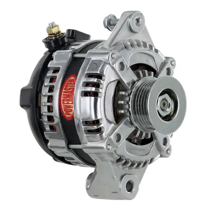 Power Master Alternator; GM; 175 Amp; 3 Wire Hair Pin Style; 6.61 In. Straight Mount; 10DN; 10si; 12si; CS130-175Top/145 Idle; Polished;
