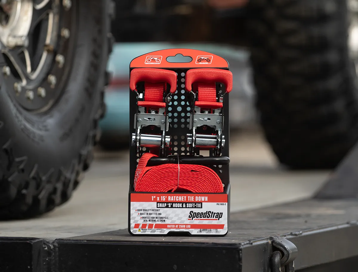 1 Inch x 15' Ratchet Tie Down w/ Snap 'S' Hooks and Soft Tie 2 Pack Red SpeedStrap product image