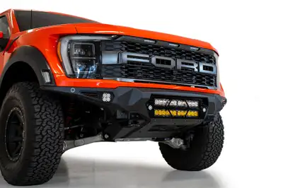 Addictive Desert Designs 21c F150 Raptor Bomber Front Bumper Black Parking Cutouts(Mounts 2 2in Light Bars)