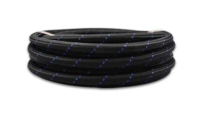 Vibrant Performance Nylon Braided Flex Hose; -12AN; 0.6875 in. Hose ID; 0.9375 in. Hose OD; 350 PSI Operating Pressure; 1400 PSI BP; 20ft. Roll; Black/Blue;