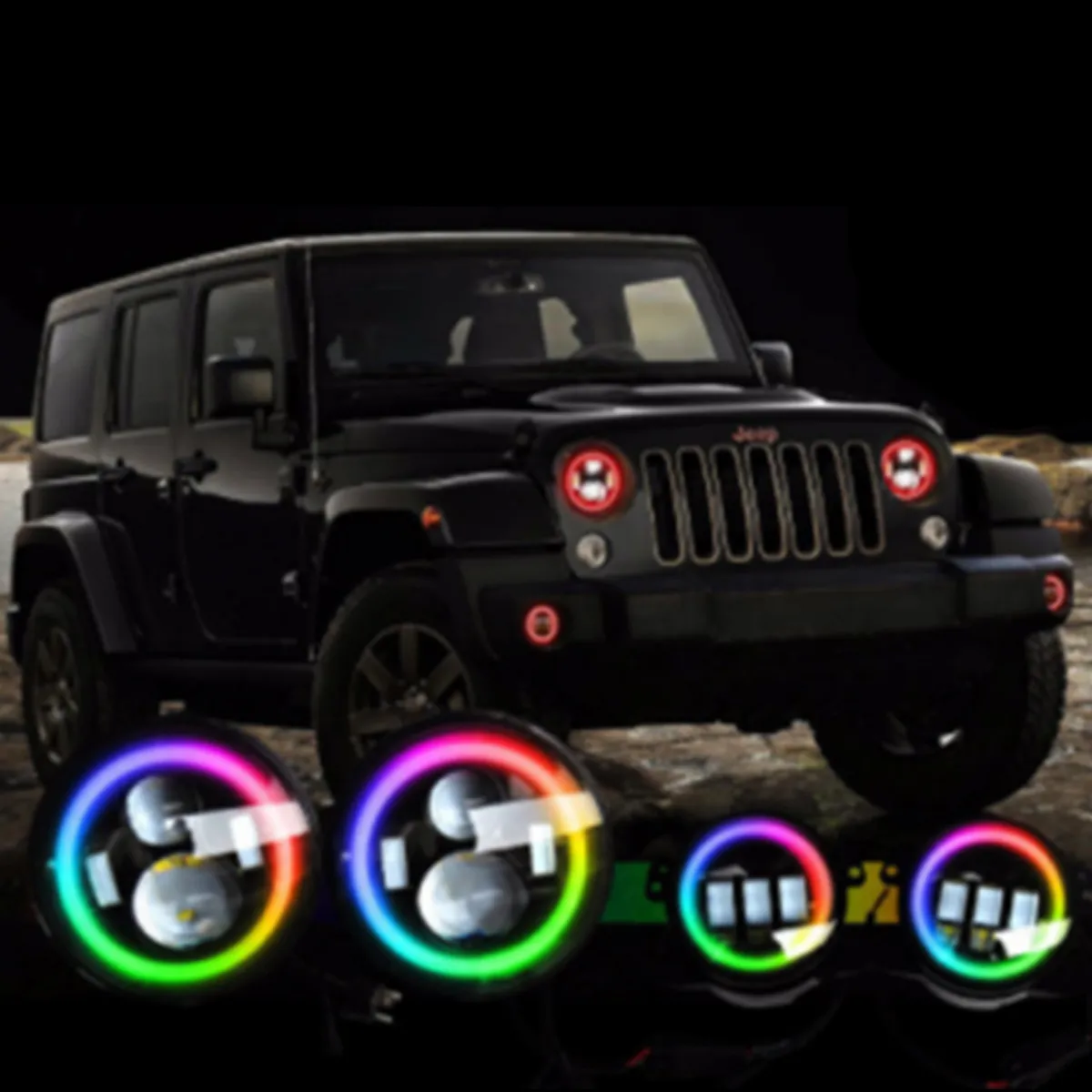 Chasing Version - 2018+ Jeep JL 9 inch Adapted Headlight and 4 inch Foglight ColorSMART Combo Complete RGB Multi-Color kit - Smartphone Controlled with (2) Headlights and (2) Foglights product image