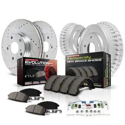 PowerStop Z23 Evolution Sport Upgrade Kit: Drilled/Slotted Rotors; Carbon-Fiber Ceramic Pads W/Hardware; Coated Drums; Shoes W/Hold Down And Adjuster Kit