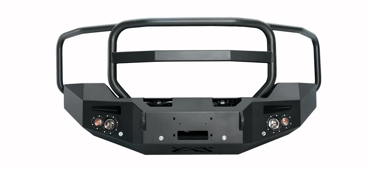 Fab Fours Premium Winch Front Bumper; 2 Stage Black Powder Coated; w/Full Grill Guard; w/Sensors;