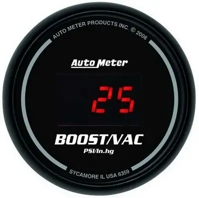 AutoMeter Gauge, Vac/Boost, 2 1/16", 30inHg-30psi, Digital, Black Dial w/ Red LED