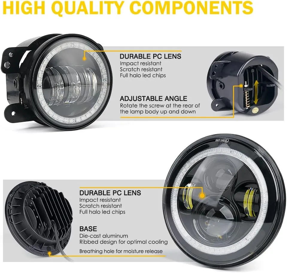 Xprite 7" Inch RGB Halo LED Headlights & 4" Fog Lights Led Combo For 2007-2018 Jeep Wrangler JK Jku product image