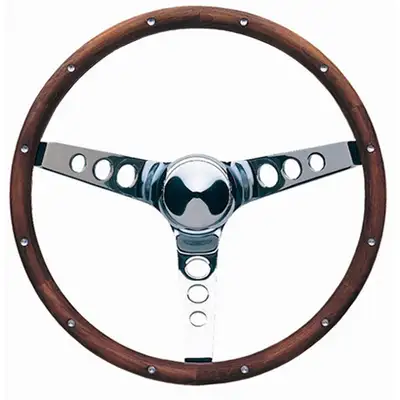 Grant Classic Wood Steering Wheel; 15 in. Diameter; 4 1/8 in. Dish; Walnut Finish w/Anodized Aluminum Rivets; Chrome 3-Spoke Design;