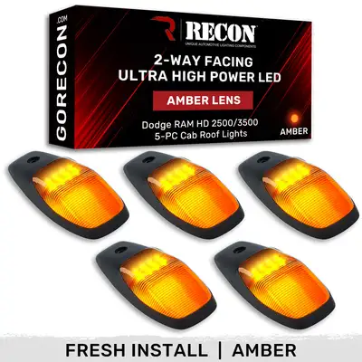 Recon Accessories Dodge 19-23 RAM Heavy-Duty 2500 3500 5-Piece Set Amber Cab Roof Light Lens With 2-Way Forward Rear Facing Amber Ultra High-Power Leds - Attn This Cab Light Set is For a Fresh Install on a Truck That Did Not Come With OEM Cab Roof Lights no Square