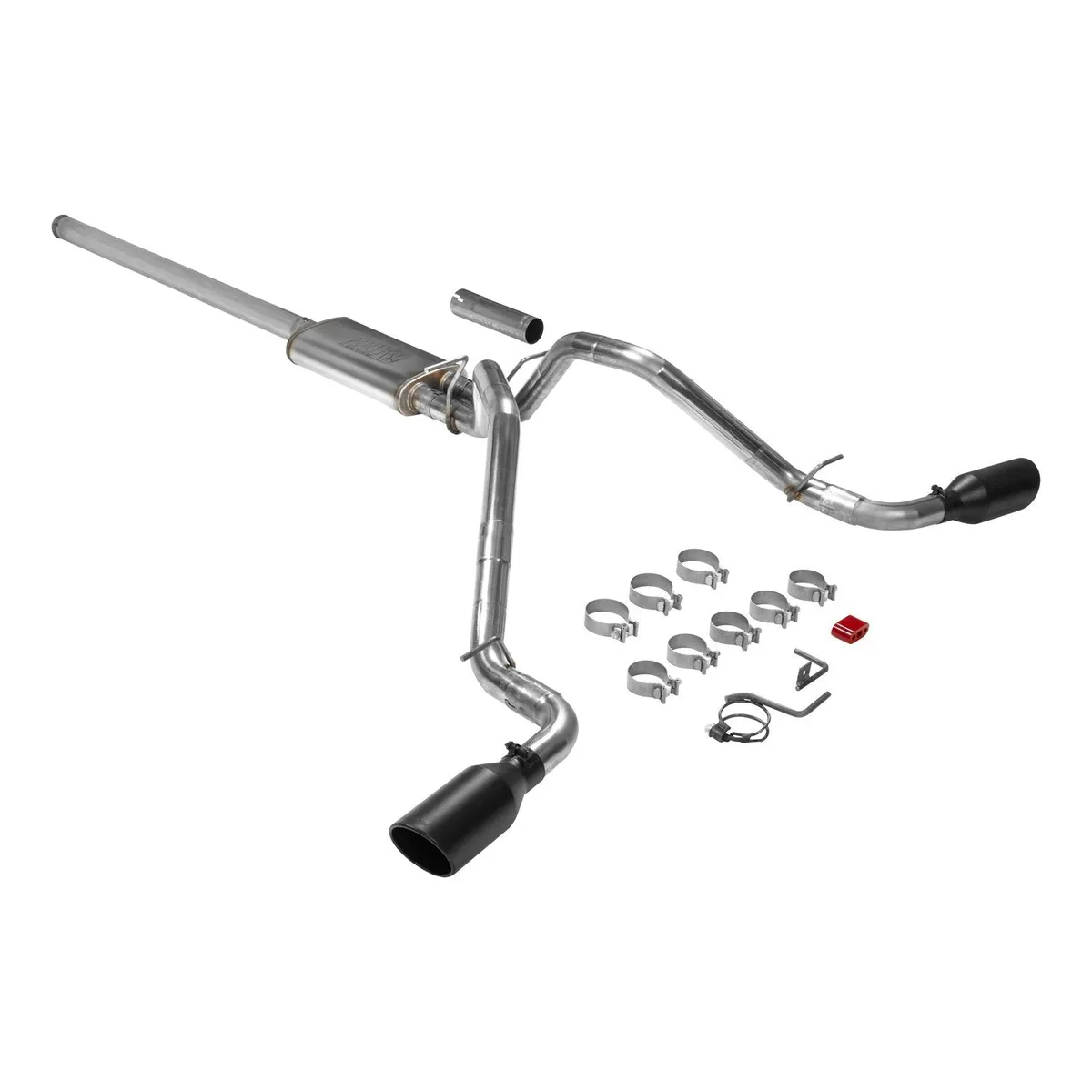 09-13 GM SilveradoSierra 12 Ton 5.3L WFlex Fuel Extended Cab and Crew Cab Only 24 Wheel Drive Cat-back 2.50 Tailpipes FlowFX Series Muffler 4.50 Black Ceramic Logo Embossed Stainless Tips FlowFX DOS Mandrel Bent Tubing 409S Stainless Ste product image