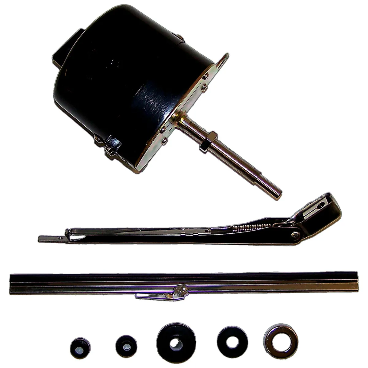 1941-1945 MB;1945-1949 CJ-2A;1948-1953 CJ-3A;1952-1952 M38 w/ 12 Volt Electrical System;1952-1963 M38A1 w/ 12 Volt Electrical System;1953-1958 CJ-3B;1955-1958 CJ-5;1955-1958 CJ-6;12 Volt Wiper Motor Kit; Includes Motor Arm Blade and Mounting Grommets product image