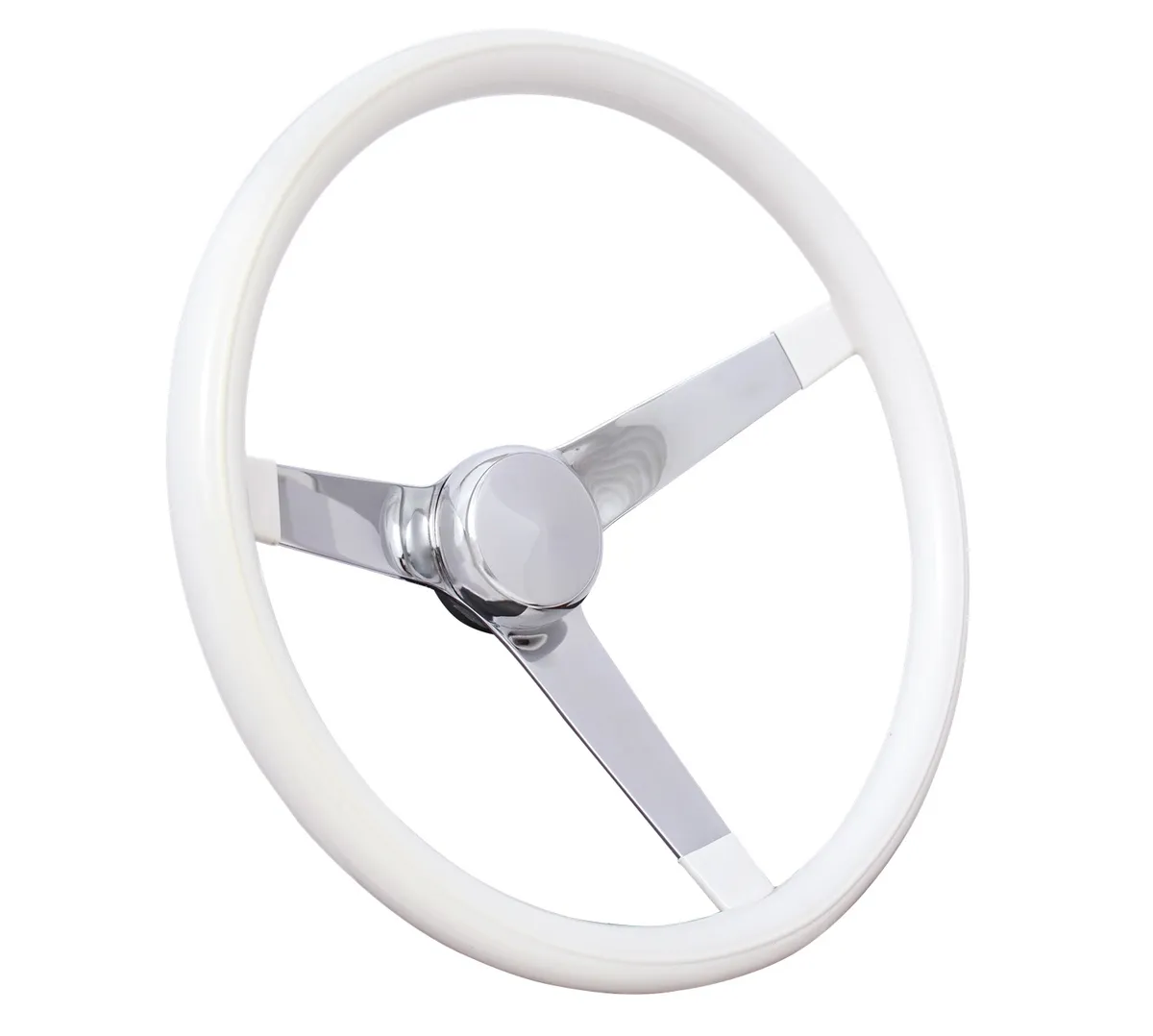 Classic Series Steering Wheel; 14 3/4 in. Diameter 3 1/2 in. Dish; White Grip; Chrome 3-Spoke Design; product image