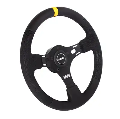Grant Pro Stock Steering Wheel; 13 in. Diameter; 3 in. Dish; Black Diamond Textured Vinyl w/Yellow Top Marker; Fits 5 or 3 Hole Adaptor;