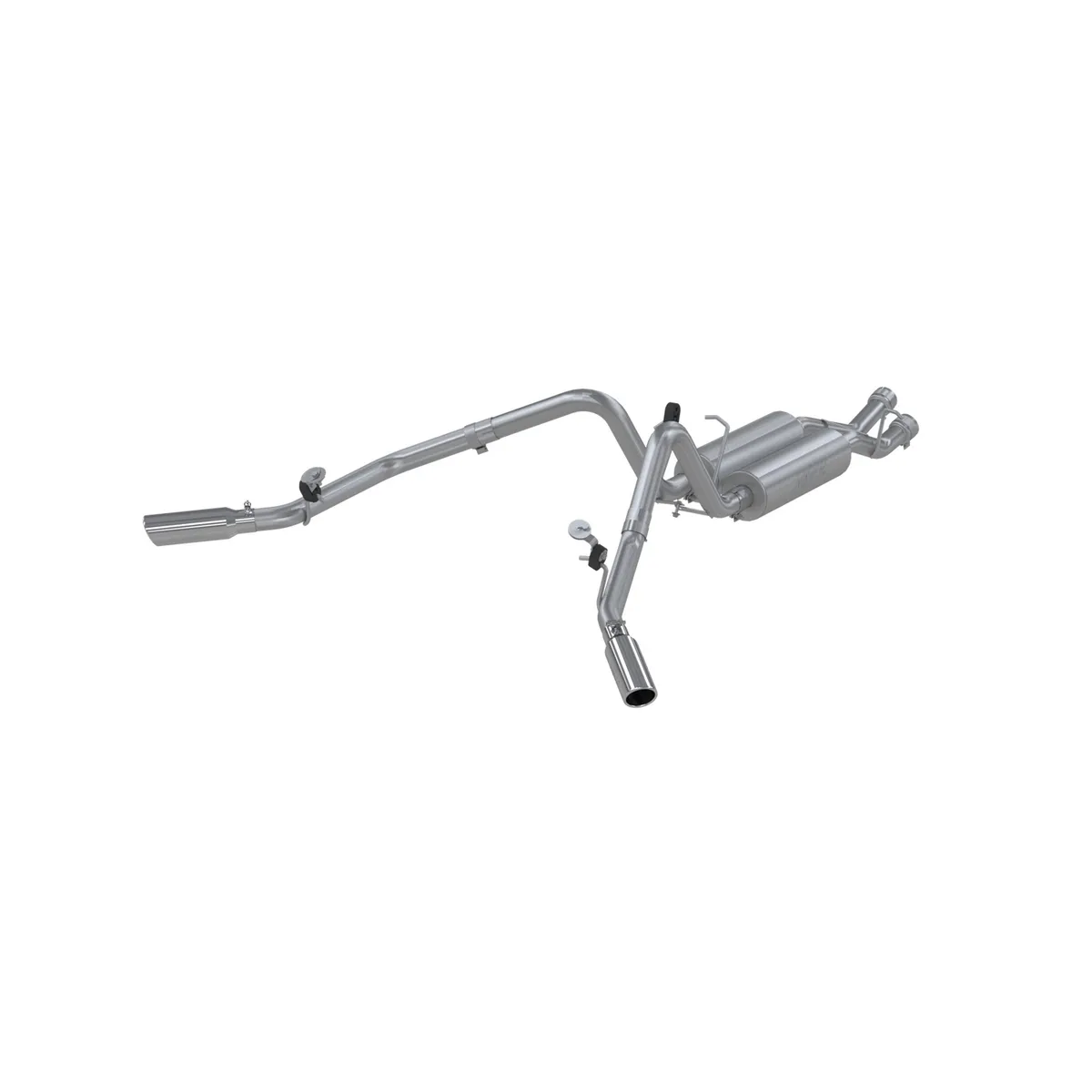 Armor Plus Cat Back Exhaust System; 2.5 in.; Incl. Extension Pipe/Muffler/Over Axle Pipes/Tailpipes/Muffler/Hardware/Dual 3.5 in. OD Tips; Dual Split Side Exit; 409 SS; product image